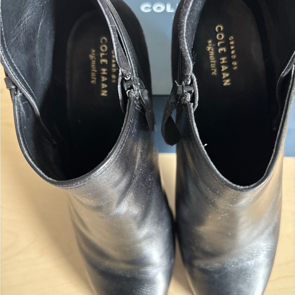 Cole Haan Black Leather Ankle Boot with Gold Buckle Accent - Picture 5 of 12